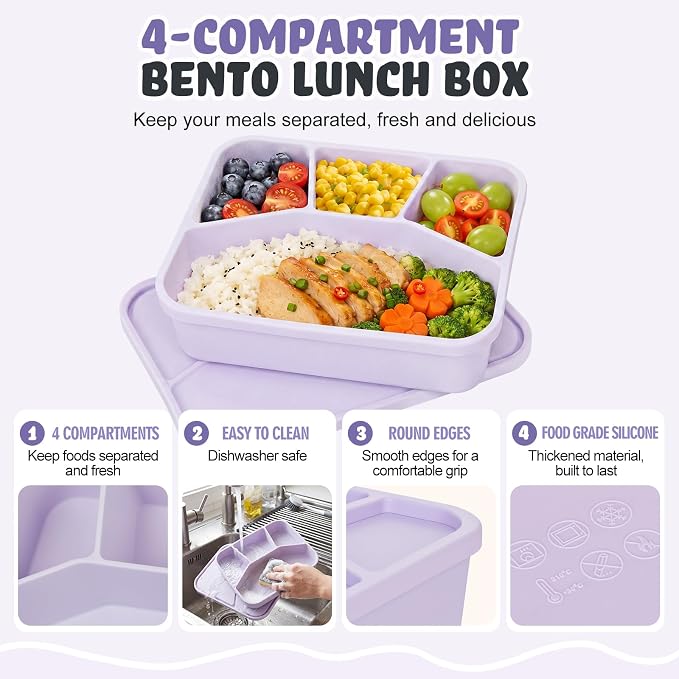 Ziliny 2 Pcs Silicone Bento Box Light Color Reusable Lunch Container Smooth Leak Proof Lunch Box Rectangle Bento Boxes for Adult Work Travel Food Meal Compartment Storage, 2 Colors
