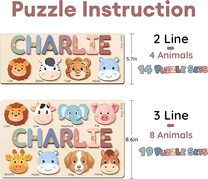 Custom Name Puzzle for Toddlers - Personalized Baby Gift with Animal Art Backdrop | 48 Animal Themes | 1st Birthday Gift for Boy & Girl | Personalized Baby Gifts