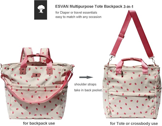 ESVAN Diaper Tote Bag Totepack Backpack Crossbody Bag 3 in 1 for Women Laptop Backpack Multifunctional with Insulated Pockets