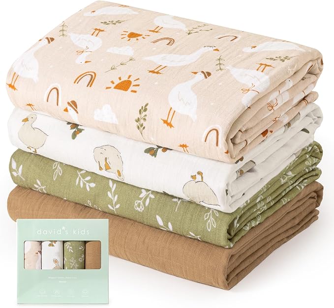 david's kids 4 Pack Baby Muslin Swaddle Blankets, 100% Cotton and Ultra Soft Breathable Receiving Blanket Wrap for Boys Girls, New Born Essentials, Large 47 x 47 inches, Farm & Duck