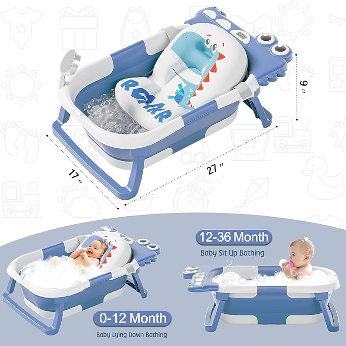 TPN Collapsible Baby Bathtub, Baby Bath Tub with Soft Cushion & Real-Time Thermometer, Baby Bathtub Infant to Toddler Tub (0-36 Months), Portable Travel Baby Tubs for Newborns (Blue)