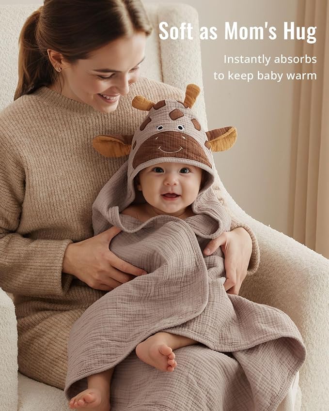 Blissful Diary Muslin Baby Hooded Towel 2 Pack, Soft & Absorbent Bath Towel for Infant, Toddler, Unisex, Baby Gift, Newborn Essentials, Bear & Giraffe