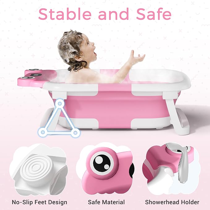 BUNWAG Baby Bathtub,Collapsible Newborn Bathtub for Infant to Toddler with Soft Cushion and Thermometer,Portable Travel Newborn Tub with No-Slip Feet,Baby Shower Gifts,0-12 Months Babybath,Bright Pink