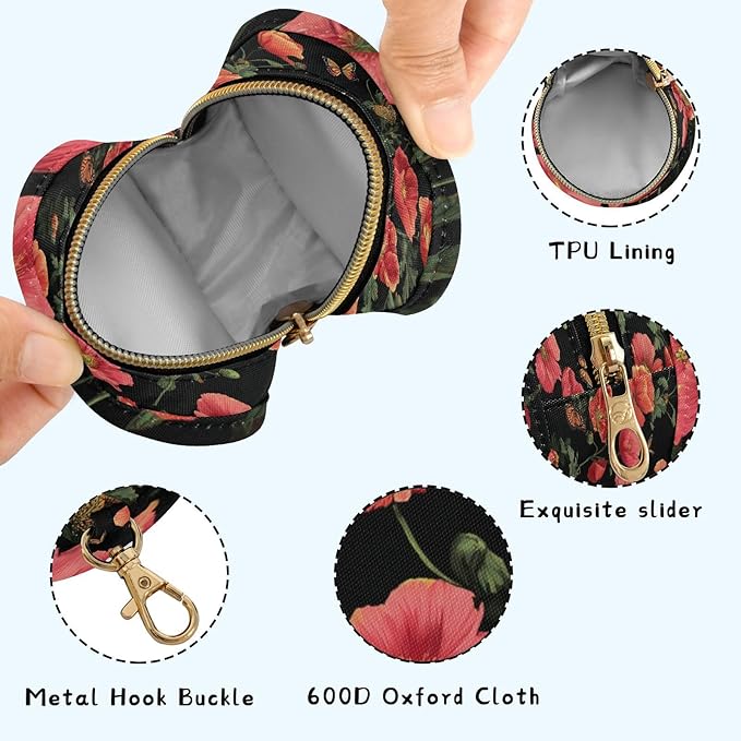 Pacifier Holder with Clip Pacifier Case for Diaper Bag Round Baby Pacifier Pouch Box Bag Portable Black Poppy Butterfly