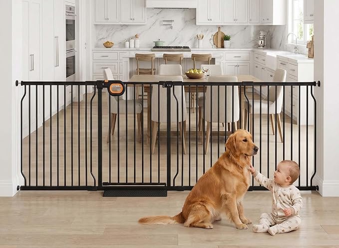 Baby Gates Extra Wide for Doorways 100-104.7 Inch Extra Wide Pressure Mounted Baby Dog Gate for the House Indoor Large Openning Metal Safety Gate No Drilling with Walk-Through Door,Black