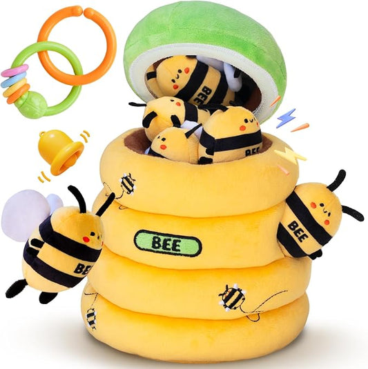 Baby Toys 6-12 Months – Beehive Infant Toy with 5 Sensory Bees, Rattle, Music, Mirror Montessori Toys for 6 7 8 9 10 11 12 Month Old Baby, Boys Girls Birthday