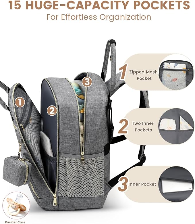 Pritent Diaper Bag Backpack,Baby Essentials Diapers Bag with Pacifier Case,Multipurpose Stylish Large Capacity Travel Backpack for Baby Girl/Boy(L-Grey)