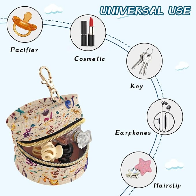Pacifier Holder with Clip Pacifier Case for Diaper Bag Round Baby Pacifier Pouch Box Bag Portable Musical Notes Beige