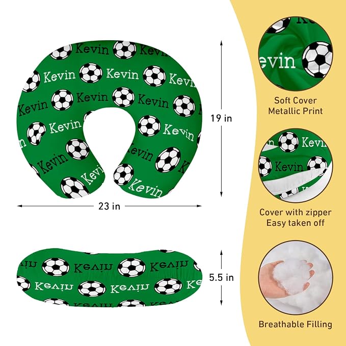 Baby Nursing Pillow Cover - Personalized Name Green Soccer Theme Breastfeeding U-Shaped for Bottle Feeding, Ultra Soft Comfortable Breastfeeding Pillow Cover for Infant Baby Boys and Girls
