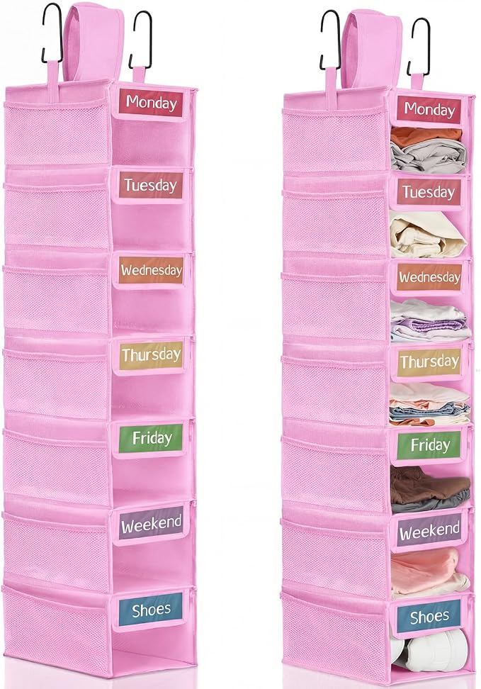 2 Pack 7 Shelf Weekly Clothes Organizer Hanging Closet for Kids with Side Pockets Weekday Shoes Rack Weekly Clothes Organizers Monday Through Weekend Foldable Storage Shelves(Pink)