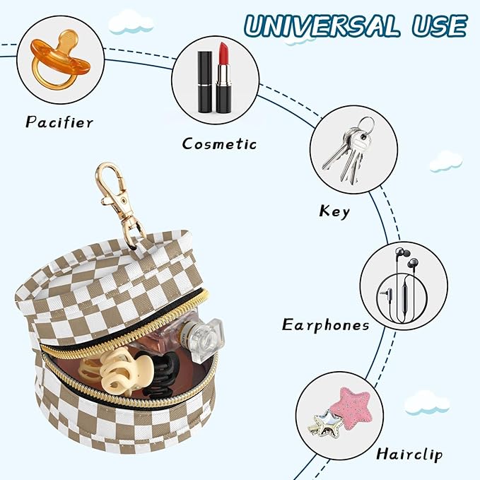 Checkered Plaid Khaki Print Pacifier Holder Case with Metal Clip Portable Pacifiers Pouch for Baby Boys Girls