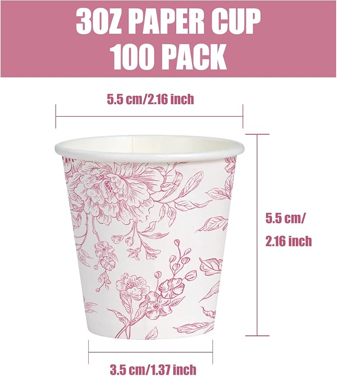 WRAPAHOLIC 3oz Paper Cups - 100 Pack Disposable Bathroom Cups with Toile Red Floral Design, Small Mouthwash Cup for Toothbrush Rinse, Home Bathroom, Picnic, BBQ, Travel and Party