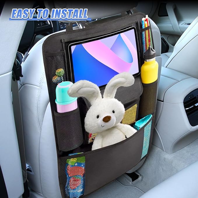 Car Backseat Organizer, Large Capacity Waterproof Auto Back Seat Kick Mats Protector with 12" Touch Screen Tablet Holder, Easy to Clean Car Front Seat Storage Pocket for Road Trip (1PC)