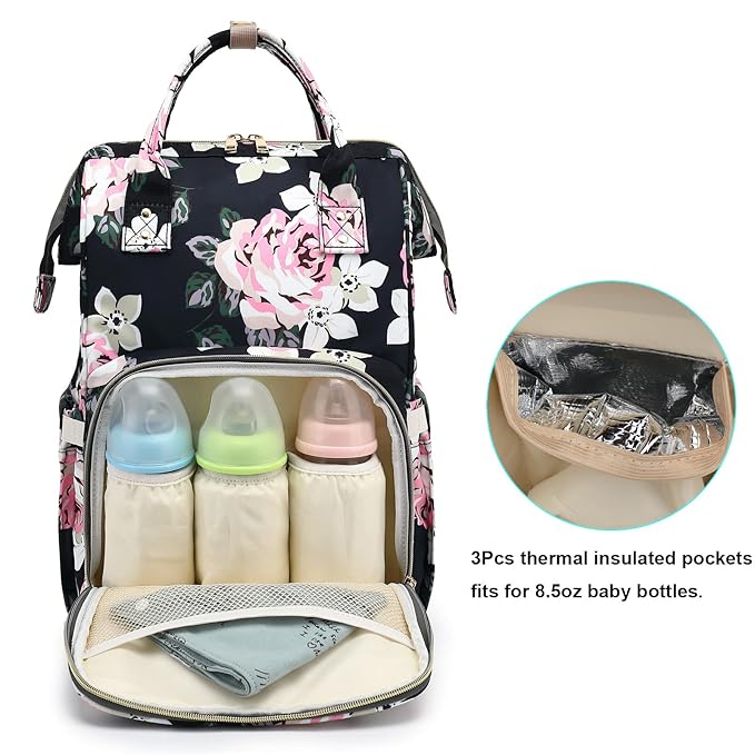 Floral Diaper Bag Backpack for Baby Girls, Mom Waterproof Large Nappy Bags for Women (Flowers)