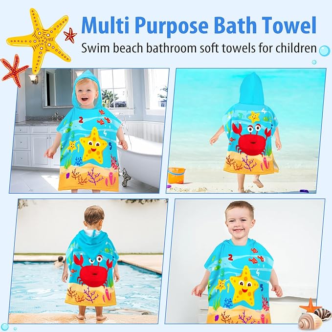 HUANLANG Kids Hooded Beach Towel for Boys Girls,Bath Pool Beach Poncho Towels Super Soft & Absorbent Cotton Towel Childrens Starfish Beach Towels for Toddler 0-7 Years Old