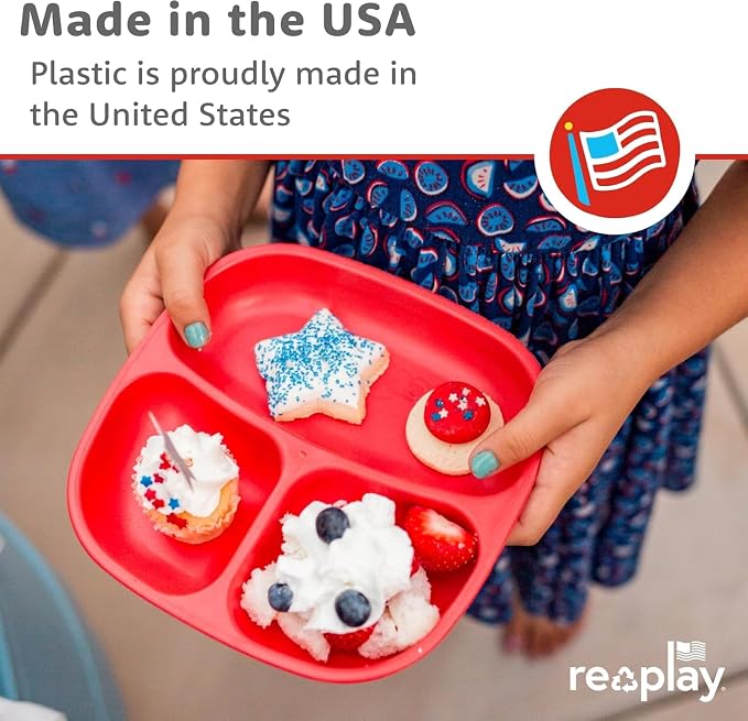 Re-Play Toddler Dinnerware Set - 6 Divided Plates & 6 Snack Bowls for Kids - Durable BPA-Free Plastic Tableware - Dishwasher Safe - Made in USA from Recycled Materials, Sorbet