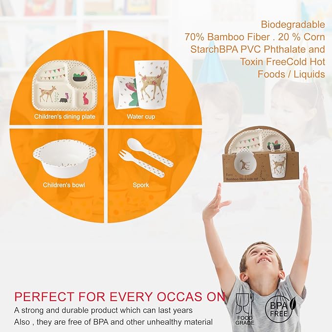 Qshare Bamboo Toddler Dinnerware Set,5Pcs Baby Plates Set,Bamboo Plates and Bowls Set,Christmas Dinnerware Set, Kids Dishes with Plate,Bowl,Cup,Fork and Spoon