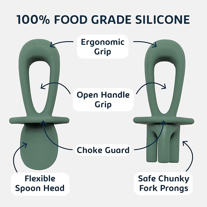 Tiny Twinkle Silicone Training Utensils - Baby Spoons and Baby Forks For Self-Feeding Training - Silicone Baby Led Weaning Utensils For Toddlers And Babies 6-24 Months - Baby Feeding Supplies (Olive)