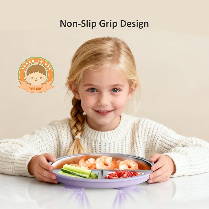 Bakpoco Stainless Steel Baby Plate with Suction, 9??Divided Toddler Plates with Removable Silicone Sleeves for Kids, Non-Toxic Non-Slip Unbreakable Dishwasher Safe Dinnerware Set of 2, Pink & Lilac