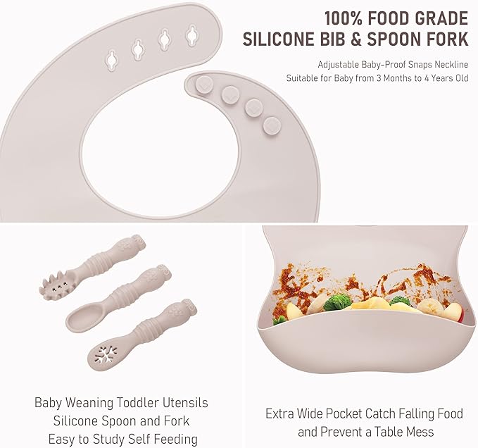 Baby Weaning Set - Silicone Toddler Feeding Set (10 Pcs) with Adjustable Bib, Suction Bowl, Plate, Fork, Spoon, Water & Snack Cup Kit - Baby Led Weaning Kit