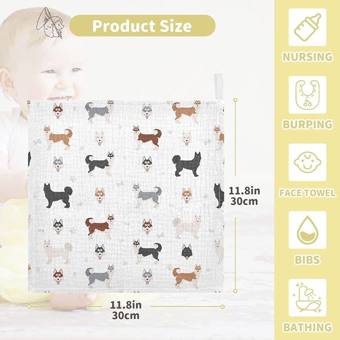 vvfelixl Baby Cotton Washcloths Siberian Husky Dog Infants Bath Towel for Unisex Puppy Face Towels for Newborn, Natural Baby Wipes Delicate Skin, 11.8 X 11.8 inch, one sizex3