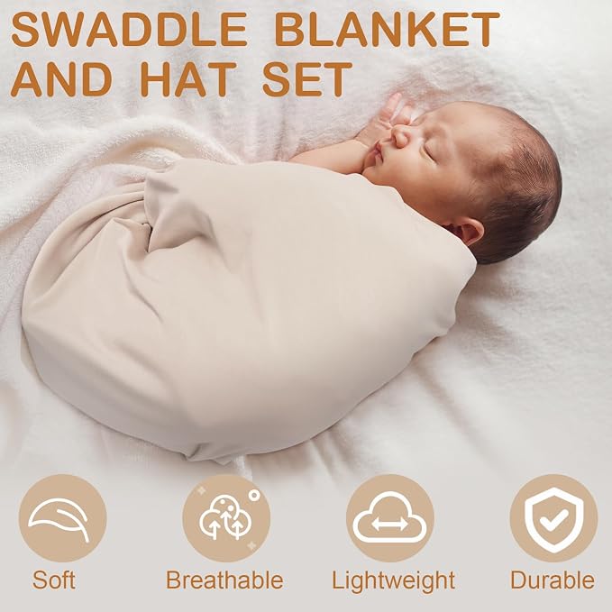 JaGely 2 Pcs Stretchy Baby Swaddle Blankets Set with Hats Extra Soft 47" x 47" Newborn Nursery Swaddle Wrap for Baby Girls and Boys(Apricot, Khaki)