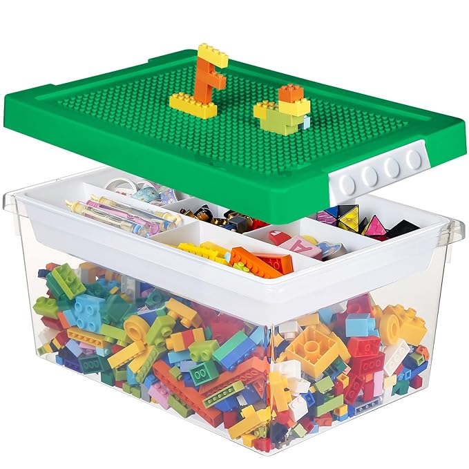 loobuu Plastic Storage Bins with Lids - 1 Set Stackable Arts Crafts Organizer Box with Removable Divided Tray &Compatible Building Baseplate,Toy Chest Containers for Bricks - (14.37"x9.64"x6.69")