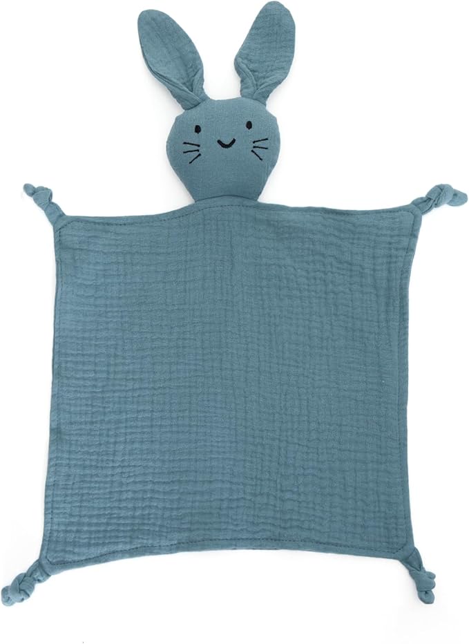 Organic Cotton Muslin Bear & Bunny Lovey Blanket for Newborns, Soft & Breathable Security Blanket for Babies, Ideal Self-Soothing Solution (Bunny-Blue)