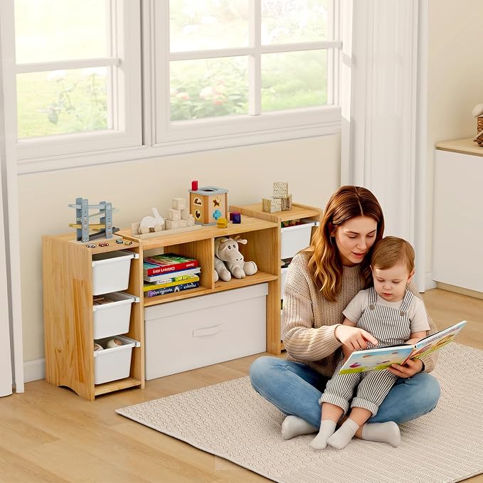 MallBest Montessori Shelf for Kids - 100% Solid Pine Wood with 6 Removable Plastic Bins, Toy Storage Organizer Cabinet for Playroom, Bedroom & Nursery (Natural)