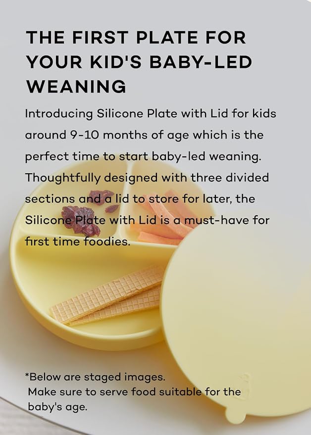 Konny EASYFEED Silicone Plate with Lid (1-4Y) 3-Divided Suction Plate Baby Led Weaning Supplies Training Baby Utensils Feeding Supplies (Lemon Yellow)