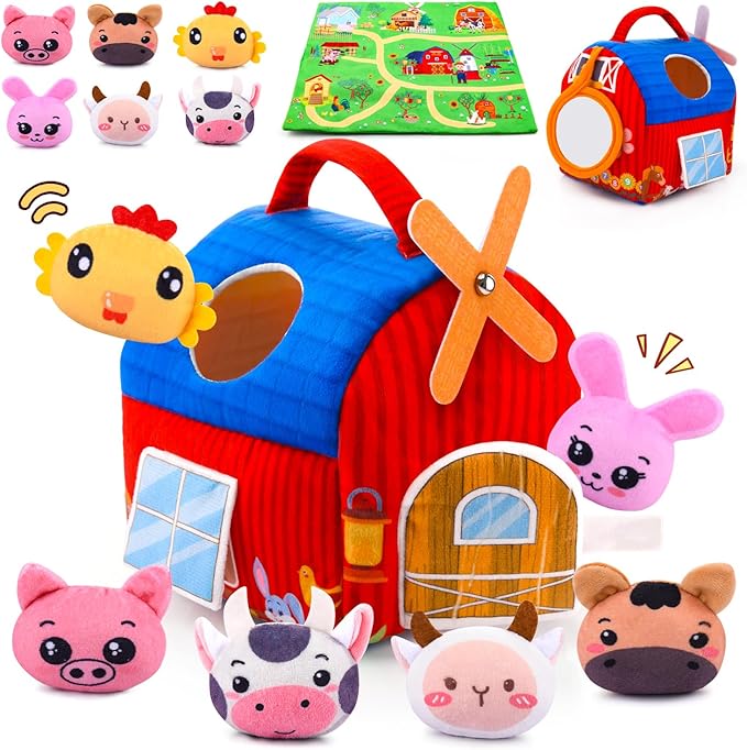 Baby Toys 6-12 Months - Soft Barn with Stuffed Farm Animals, Rattles, Textures, Mirror, Play mat - Toddler Toys Sensory Toy Montessori Toy for Babies 6-12 Months, 1 Year Old Boys Girls Baby Gifts