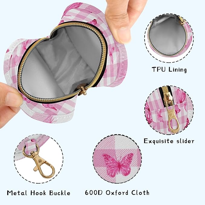 Pacifier Holder with Clip Pacifier Case for Diaper Bag Round Baby Pacifier Pouch Box Bag Portable Checkered Pink and White Butterflies