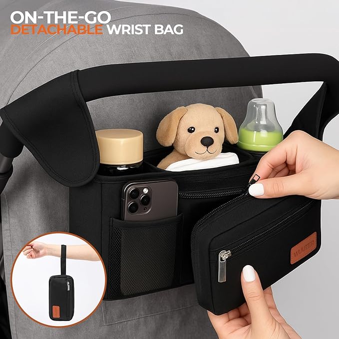 Universal Stroller Organizer with Insulated Cup Holder and Removable Wrist Strap Large Capacity Stroller Organizer for Mom, Baby Joggers, Uppaby, Britax, BOB, Umbrella and Pet Stroller (Black)
