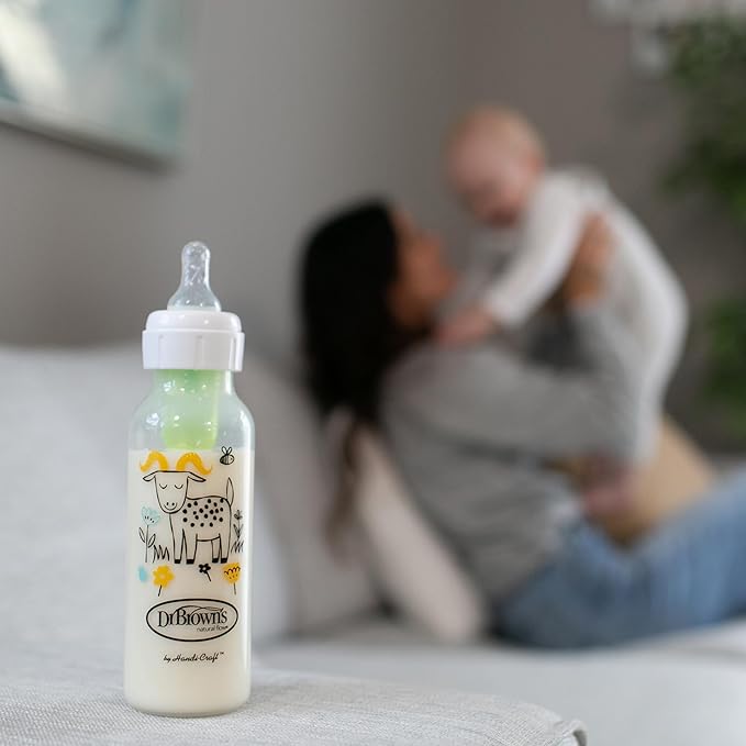 Dr. Brown's Natural Flow Anti-Colic Options+ Narrow Baby Bottle, Goat and Squirrel, 8 oz/250 mL, with Level 1 Slow Flow Nipple, BPA Free, 0m+, 2-Pack