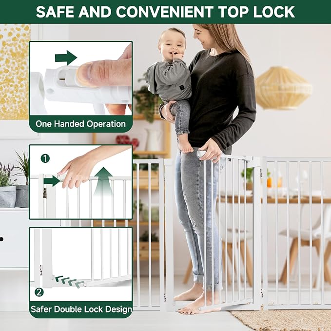 Snagle Paw Metal Freestanding Dog Gate with Door,80” W x 36” H Dog Fence with Support Feet for Doorways, Stairs and Hallways, Portable Pet Gate for Indoor Use (4 Panel, White)