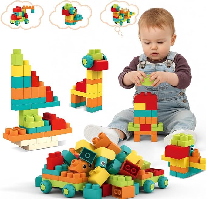 Soft Building Blocks STEM Montessori Preschool Learning Stacking Sensory Toys, Large Construction Block Set, Rubber Blocks 12-18 Months Block Bag with 42 Pieces and Storage