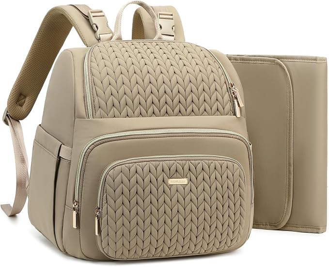 MAPLELILY Diaper Bag Backpack with Changing Pad, Quilted Large Baby Bag for Mom and Dad, Travel Backpack Diaper Bag with Insulated Pockets & Stroller Straps, Hospital Maternity Registry, Brown