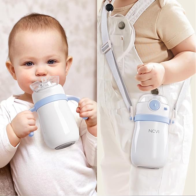 NCVI Kids Stainless Steel Straw Cup for Toddler 1-3 Years Old, Training Tumbler with Straw Spill Proof with Handle, Insulated Bottle to Keep Cold Warm for Water/Milk/Drink, Blue 10floz,Christmas Gift