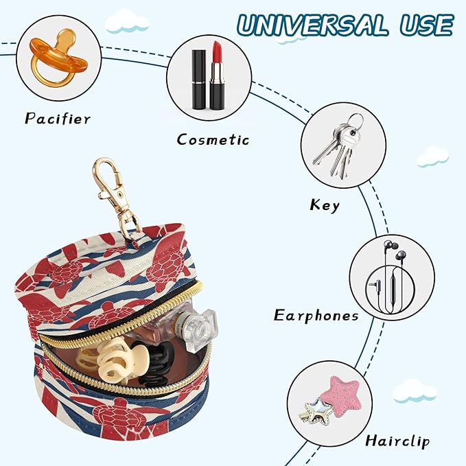 Pacifier Holder with Clip Pacifier Case for Diaper Bag Round Baby Pacifier Pouch Box Bag Portable Sea Turtles Waves Stripes Blue