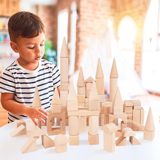 100Pcs Wooden Building Blocks Set- Wood Stacker Stacking Blocks Game Toys for Toddlers, Multiple Shapes, Toddles Blocks- Baby Wooden Blocks for Kids Learning and Playing