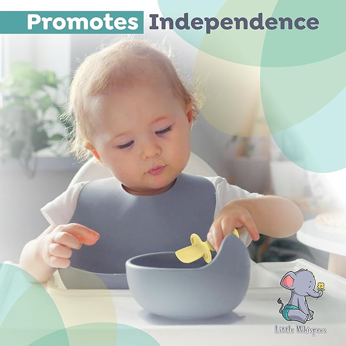 LittleWhispers Baby Silicone Spoons - Self Feeding 6 Months - Infant, Toddler, & Kid Friendly Utensils - First Stage, Baby Led Weaning - 4 Pack Utensil Set (Pastel)