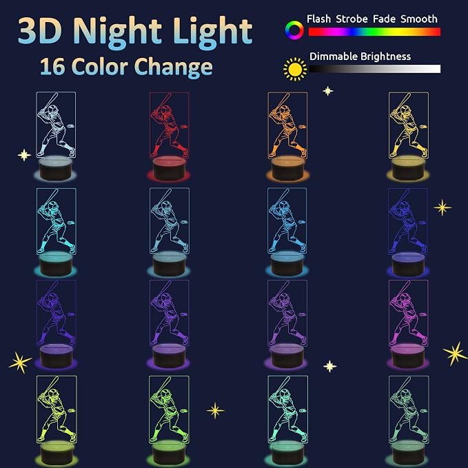 Attivolife Baseball Light for Kids, 3D Illusion Optical Night Lamp, 16 Colors Changing with Remote Control Dimming, Best Boys Room Decor as Birthdays Xmas Gifts for Adults Men Teen
