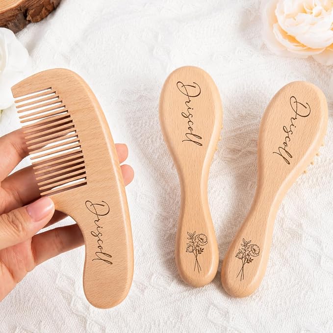 Custom Engraved Name Wooden Baby Brush And Comb Set For Newborns, Personalized Baby Shower Keepsake Gift, Soft Goat Bristle Hairbrush For Toddler Boys & Girls