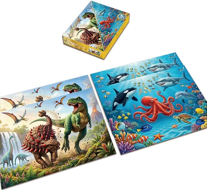 Puzzle for Kids Ages 4-6 – 2x60 Piece Jigsaw Puzzles for Toddlers 3-5,6-8,Dinosaur & Ocean Scenes,2 in 1 Pack Educational Dinosaur & Ocean Games for Boys & Girls