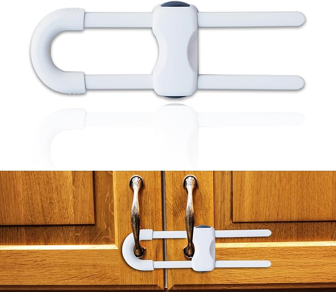 Cabinet Locks Baby Proofing U-Shaped Child Locks for Cabinets Latches Adjustable (White,1 pack of 2)