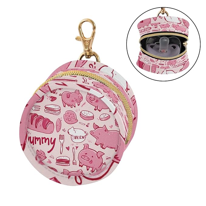 Pacifier Holder with Clip Pacifier Case for Diaper Bag Round Baby Pacifier Pouch Box Bag Portable Pink Cute Pigs Bacon Bread