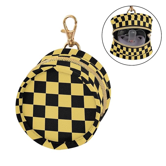 Lemon Yellow Checkerboard Plaid Pacifier Holder Case Newborn Pacifier Storage Pouch for Boys Girls Easy Attach to Diaper Bag Portable Baby Essentials Container