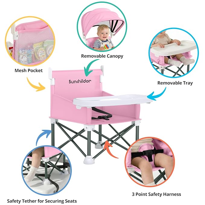 Portable Baby Booster Seat with Removable Tray & Canopy - 3 Point Safety Harness, Compact Fold for Travel, Indoor Outdoor Use for Infants & Toddlers, Pink