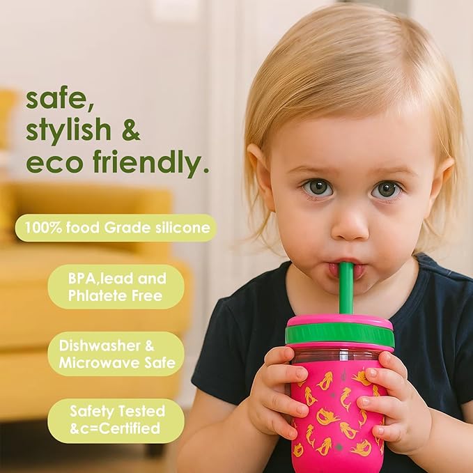 Sursip Toddler Glass Cups with Straw, Spill-Proof Kids Mason Jar Food Storage with Lids, Sippy Cups for Drinks, Smoothies, Snacks, Milk Cup [4 Pack] 8 oz 2-in-1