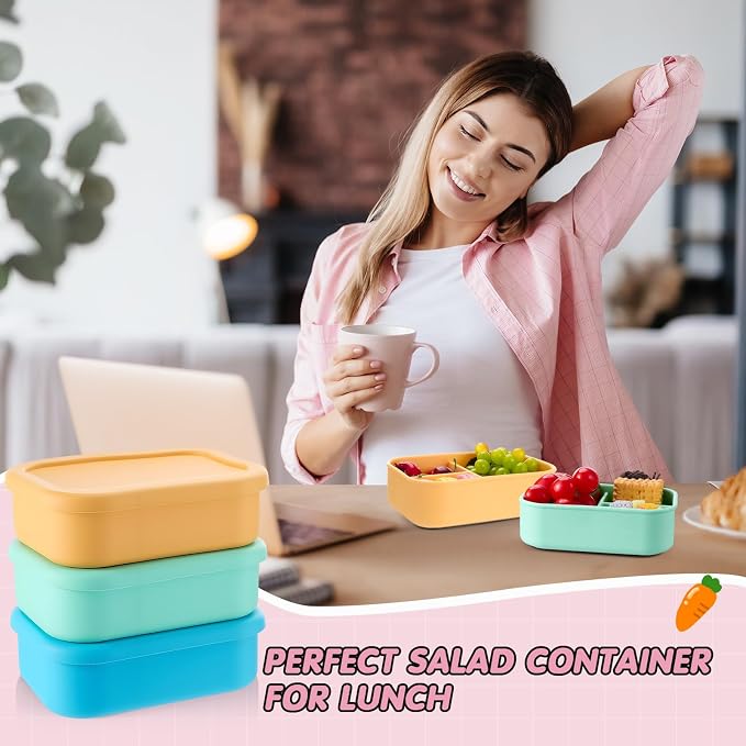 Layhit 6 Pcs Silicone Bento Box for Adults, 27 oz Bento Lunch Container Reusable Food Container for Women Men, Leak Proof Microwave Dishwasher Freezer Safe (3 Compartments,Fluorescent Multicolor)